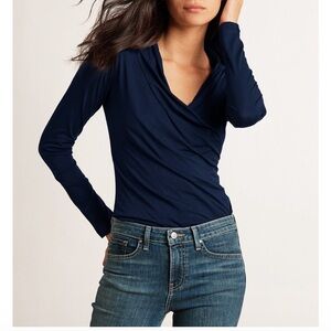 Velvet by Graham Spencer Meri Wrap Front Fitted Top in Navy Size Small